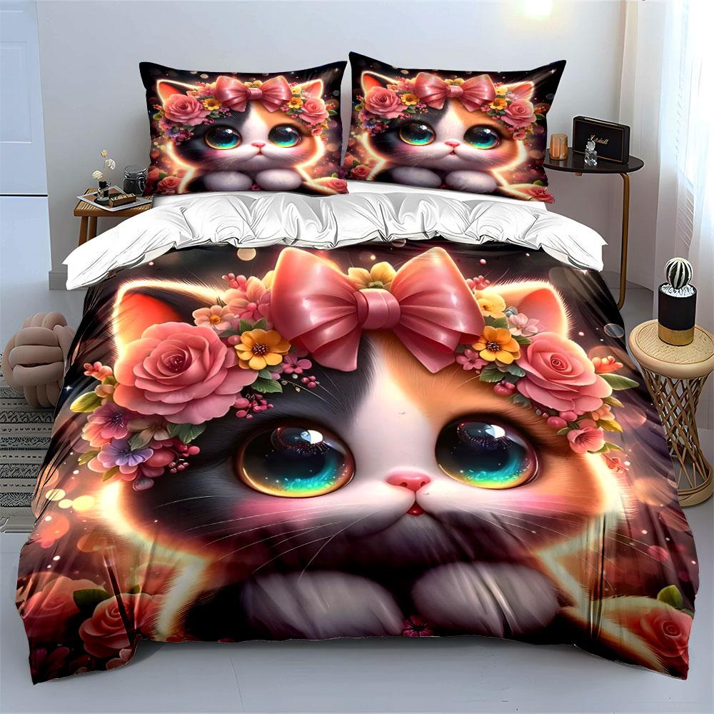 Cute Cat with Floral Crown Bedding Duvet Cover Set (1*Duvet Cover 2*Pillowcases, Without Duvet Insert)