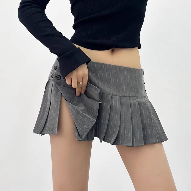Vintage Y2k Striped Pleated Skirt Women Sexy Preppy Style Low Waist Button Slim A-line Micro Mini Skirt Streetwear