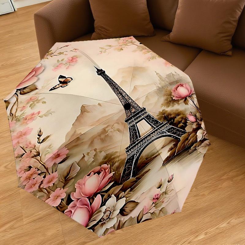 1PC Eiffel Tower Flowers Umbrella-8-Rib Reinforced, Automatic Open, Lightweight & Durable, Cute Fashion Accessory for Outdoor, Beach, or Casual Use, B