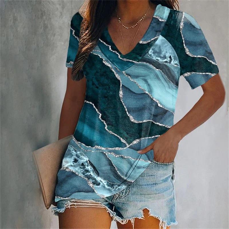 Colorful Tassels Print T-Shirt Fashion Women's Short Sleeve V-Neck T-Shirt 2024 Summer Casual Elegant Women's Large Size T-Shirt