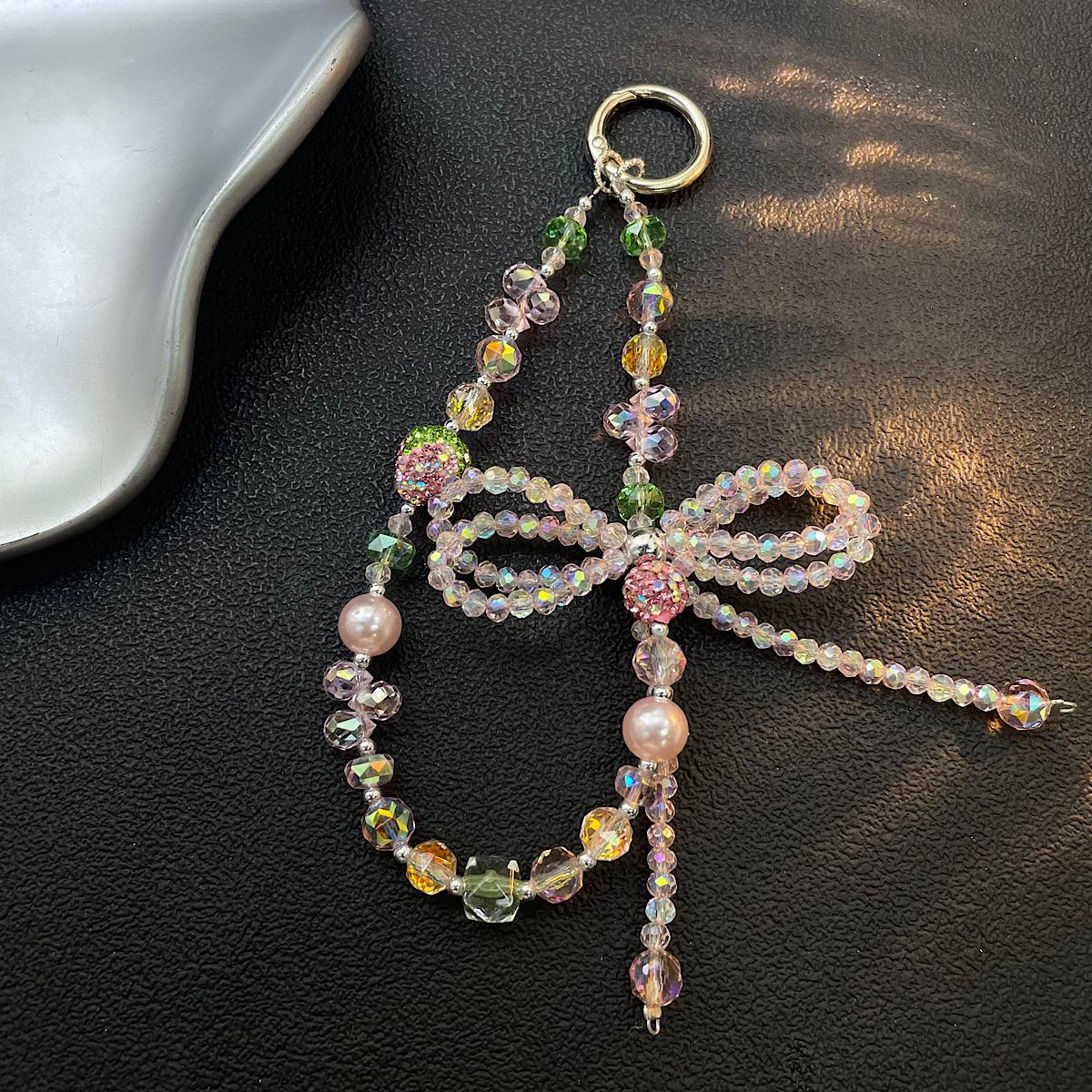 

Crystal Bow Beaded Phone Strap Elegant Anti-Loss Wrist Chain Short Keychain Accessory for Mobile