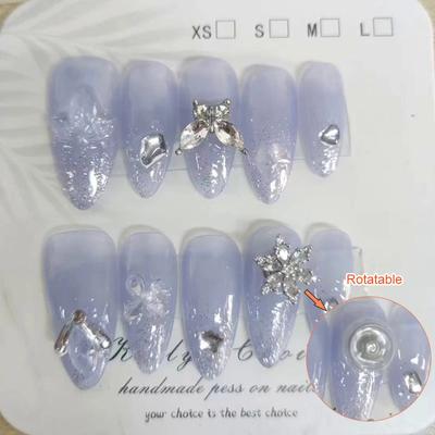 100 % HANDGEMACHTE künstliche Nagelkunst in Mandelform, drehbare, durchscheinende blau-violette Schneeflockennägel, wiederverwendbare und entfernbare künstliche Nägel