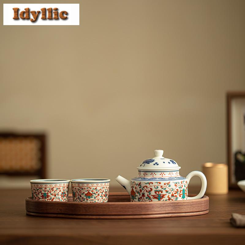 Famille Rose Interlock Branch Lotus Tea Set Complete Set Handmade Tea Ceremony Set Teapot And Tea Cup Set Tableware Collection