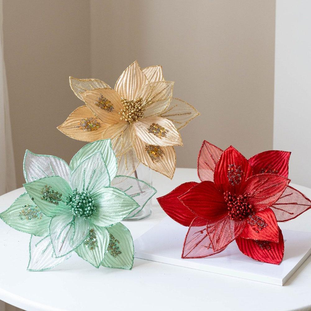 Artificial Magnolia Flowers Christmas Ornaments Glitter Decorations