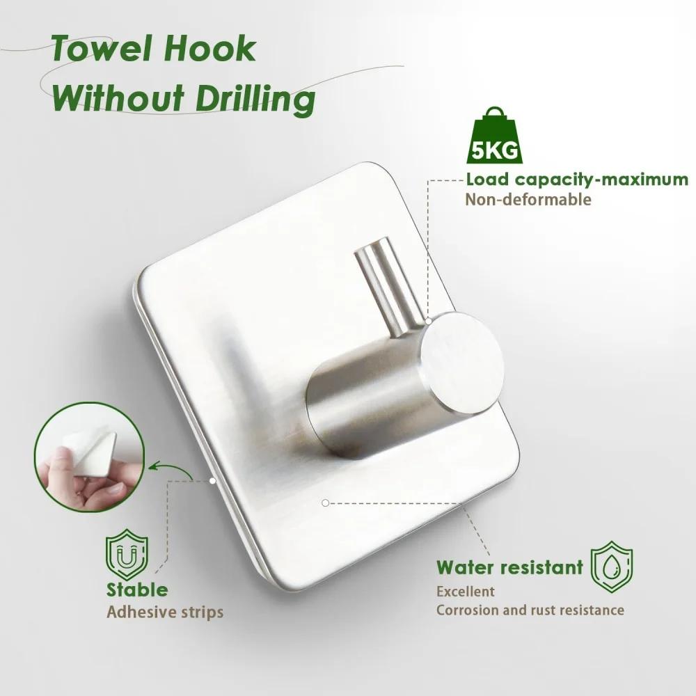 Self-Adhesive Towel Hook, Heavy-Duty 304 Stainless Steel Wall Hook, No Drilling, Waterproof Bathroom & Kitchen Organizer