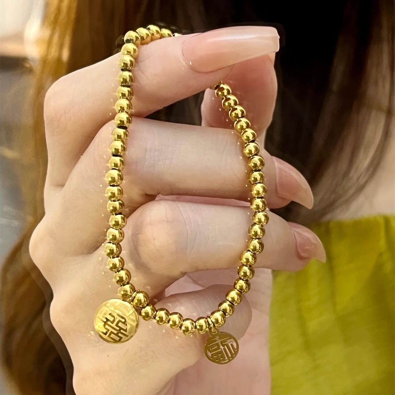 Gold 3D Fu & Xi Character Elastic Beaded Bracelet Accessories золотой
