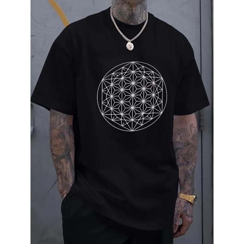 

European Size Men S Black T-Shirt with Sacred Geometry Flower of Life Print - Casual Short Sleeve Tee 4XL чорний