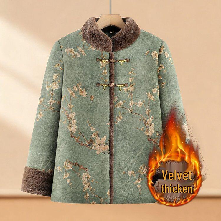 Fur-Lined Autumn-Winter Jacket for Elderly Women - Plus Velvet Chinese Tang Suit Style