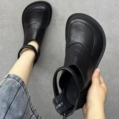 Stivaletti da donna in morbida pelle con toppa, punta tonda, scarpe casual slip-on, stivaletti neri traspiranti