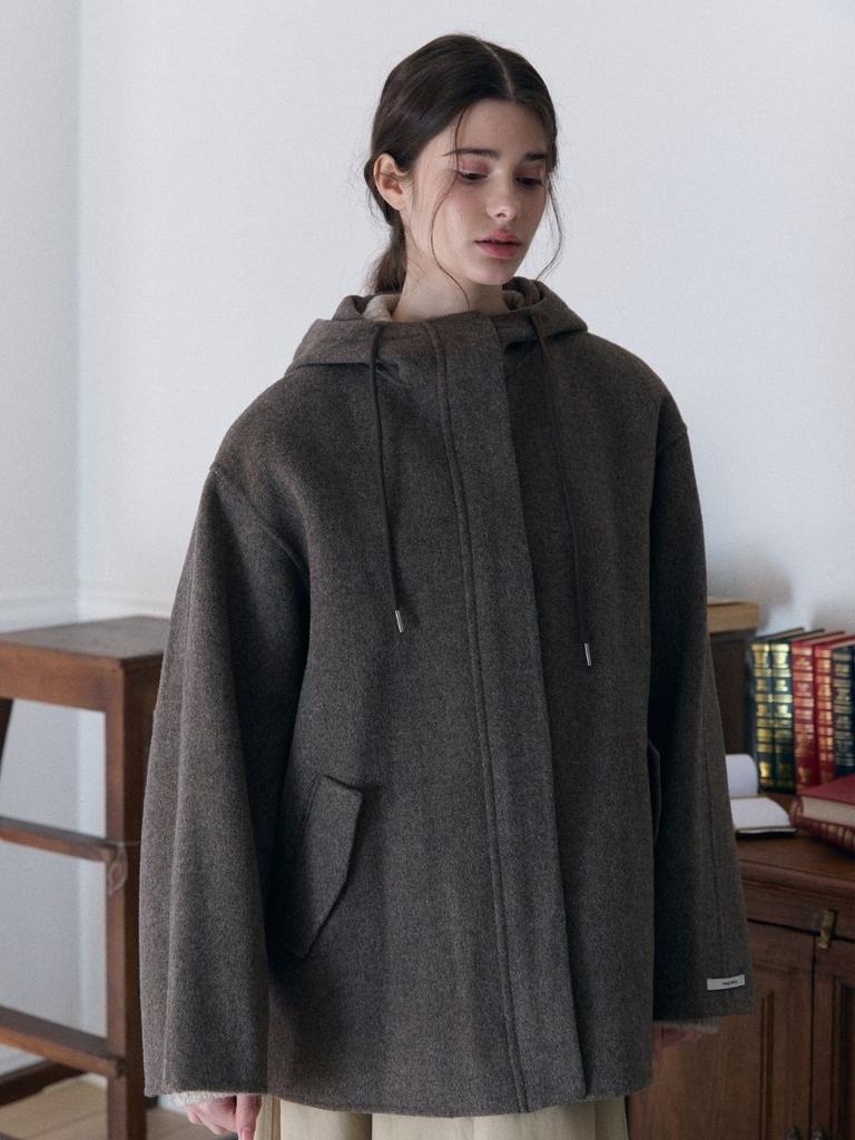Fabricseoul Hood Zip-Up Handmade Half Coat_Brown Herringbone