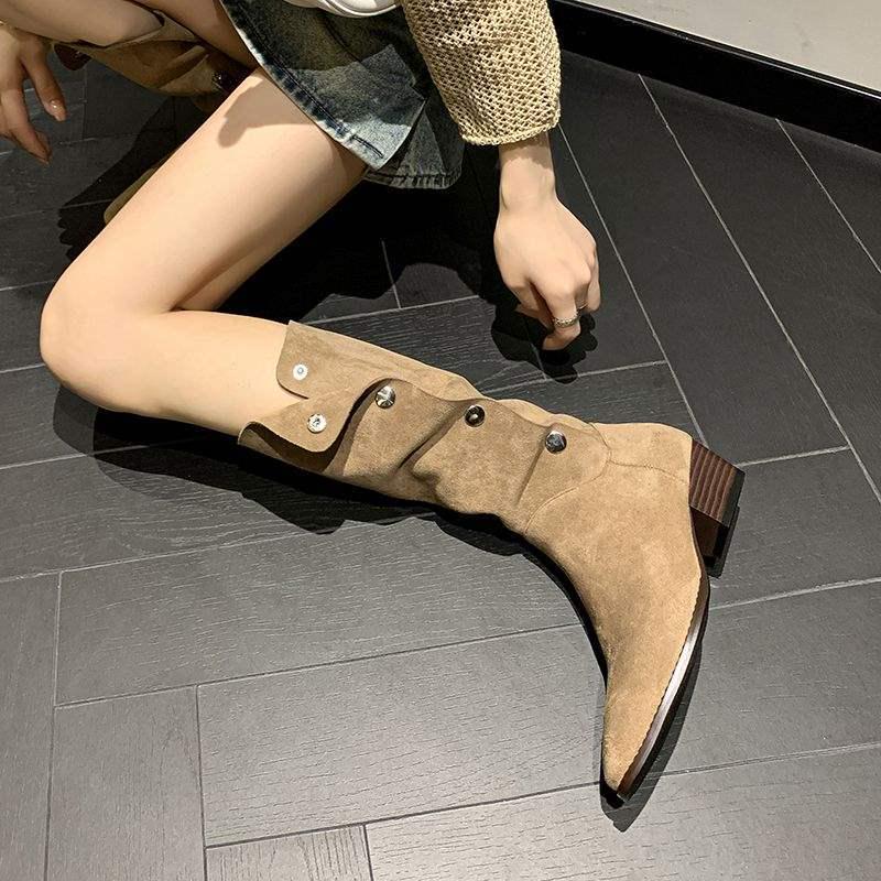 

Западные женские ковбойские сапоги до колена с острым носком и массивным каблуком - Коллекция Осень 2025. Size 37 Standard