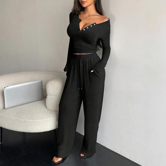 Women's 2 Piece Lounge Sets Long Sleeve Button Up Crop Top Wide Leg Pants Matching Outfit Casual Fall Spring Tracksuits