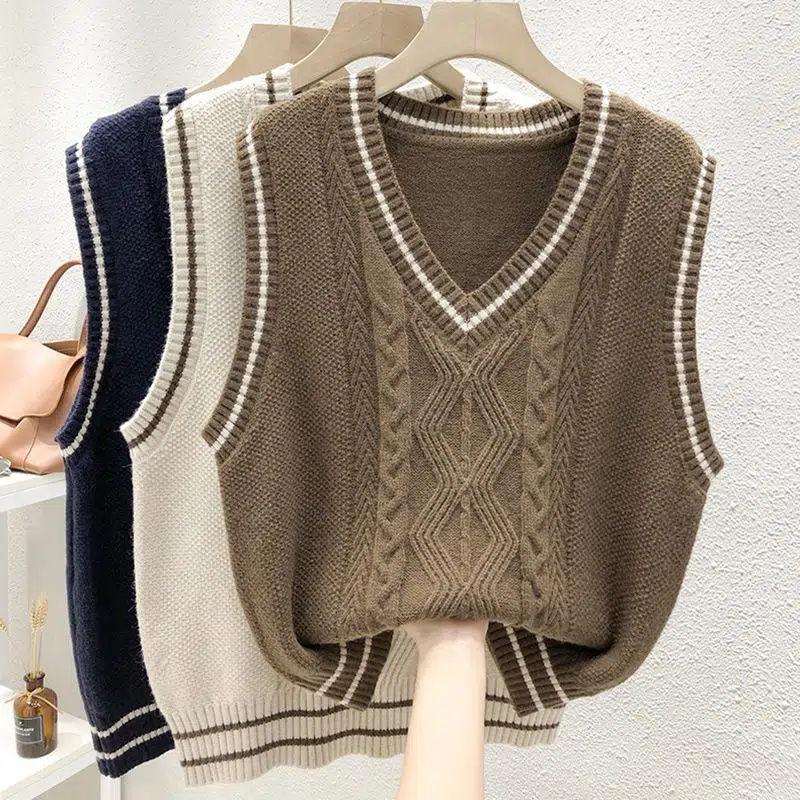 Literature and Art College Style Women's Knitted Vest Loose Autumn V-Neck Fried Dough Twists Sweater Bottom Shirt