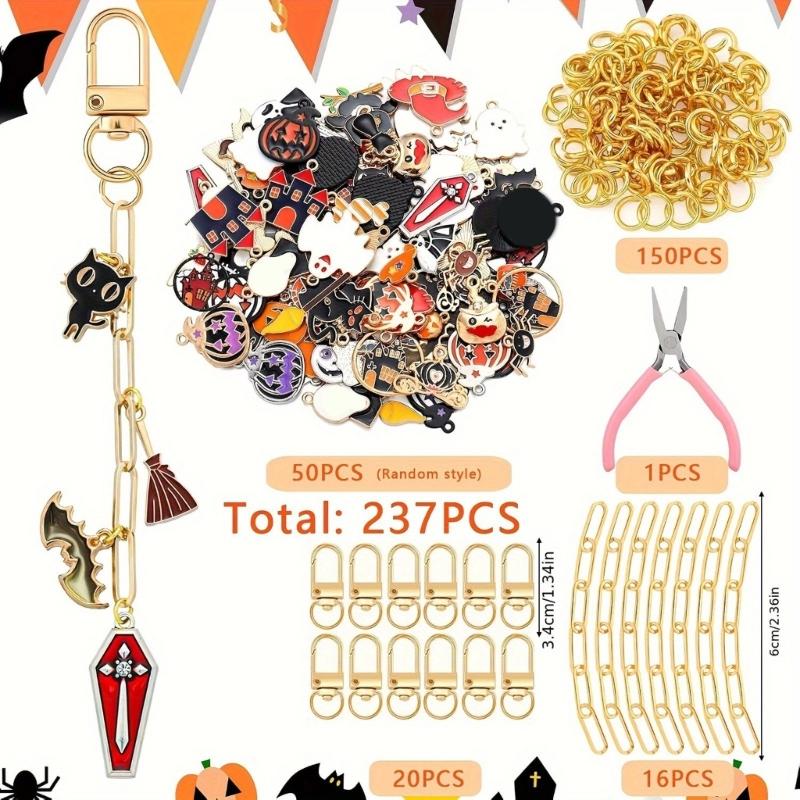 DIY Halloween Keyring Making Supplies 237Pcs Metal Autumn Crafts Pendant Set Including Spooky Charm Jewelry Tool