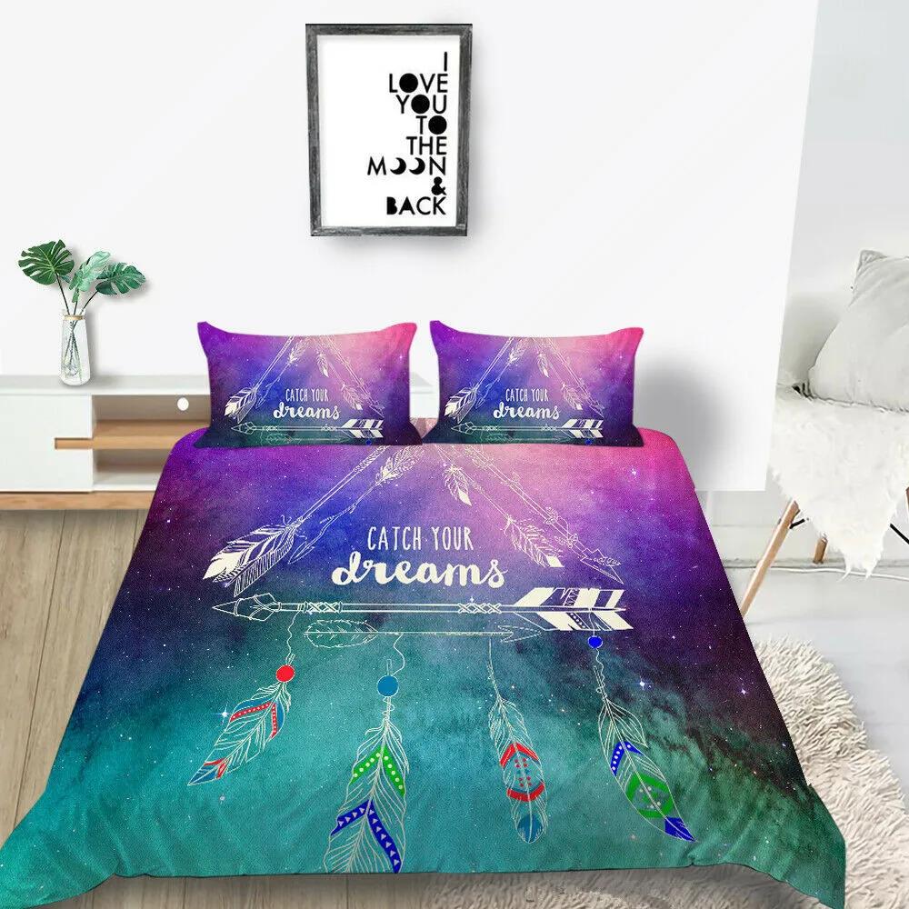 Traumfänger Bettbezug Set Kinder Böhmisch Mandala Boho Chic Feder Bettwäsche Set Doppelgröße Batik Lila Polyester Bettbezug