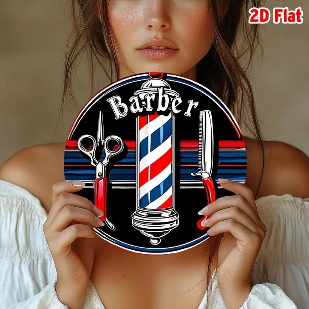 Vintage Barber Metal Wall Art, Retro Red White Blue Striped Sign, Aluminum Round Wall Decor for Home Salon
