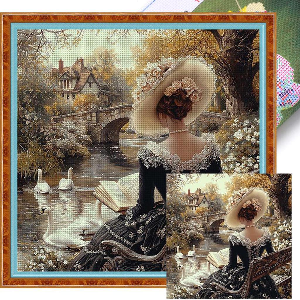 Kit Punto Croce Ricamo Completo Filo di Cotone 11CT Stampato Ragazza Arte 50x50cm