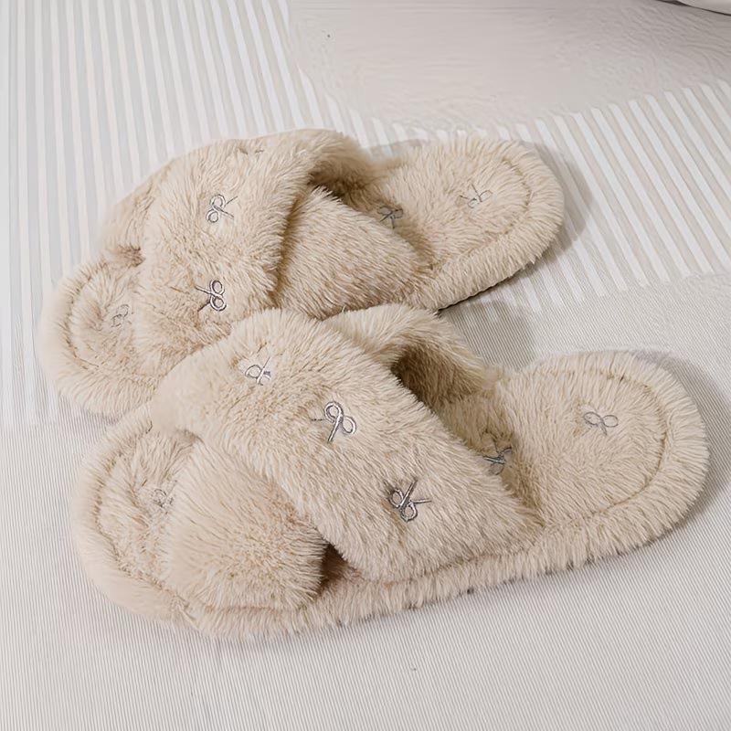 Winter and Autumn Indoor Warm Slippers, Home-made Bow-shaped Plush Slippers, Crossed Bow-shaped Embroidered Fluffy Slippers
