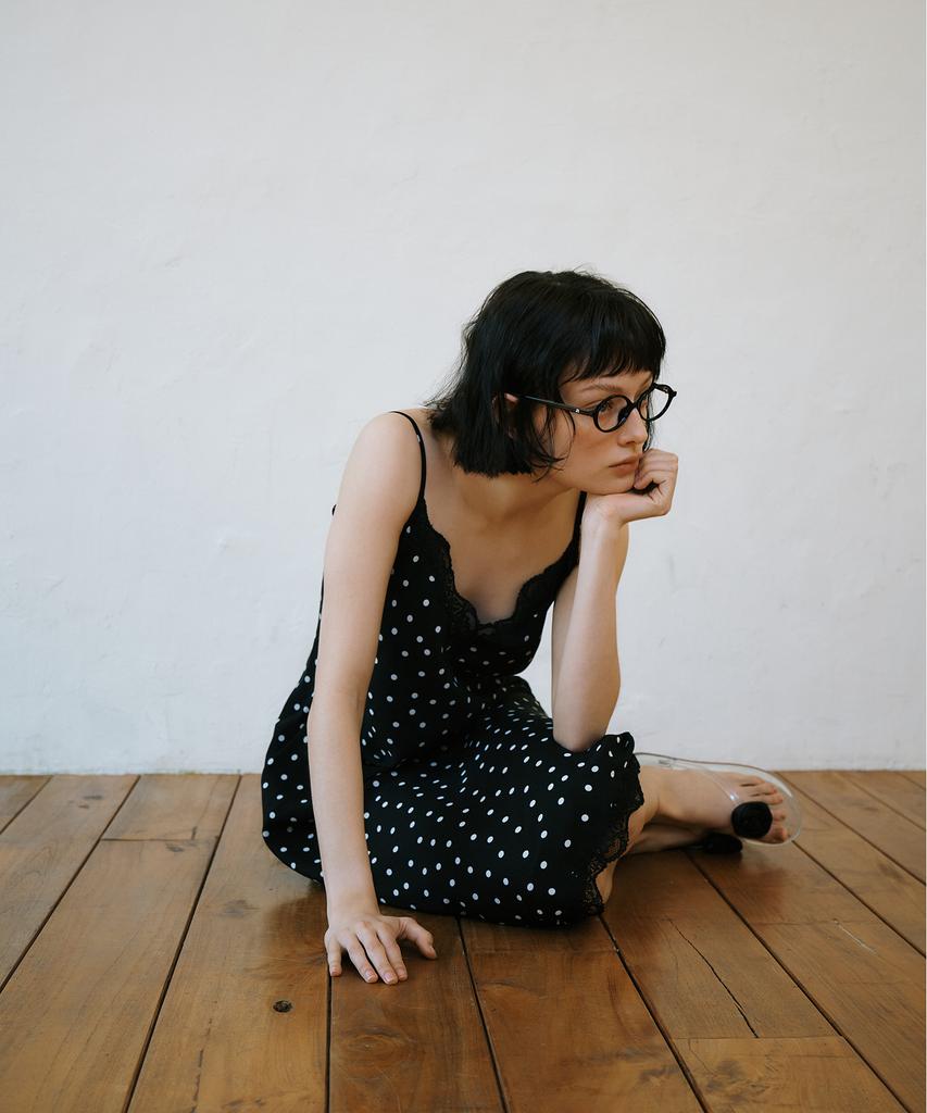 GREENBUTTER Dot Lace Slip Dress (Black)