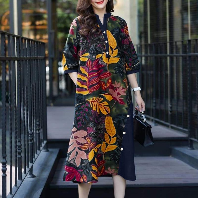 

ZANZEA Женское повседневное платье с V-образным вырезом, свободное, с рукавом 3/4 и принтом 5XL темно-синий