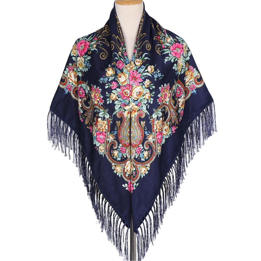 130*130cm Women Luxury Floral Print Square Scarves Russian National Fringed Shawl Traditional Ukrainian Babushka Head Wraps