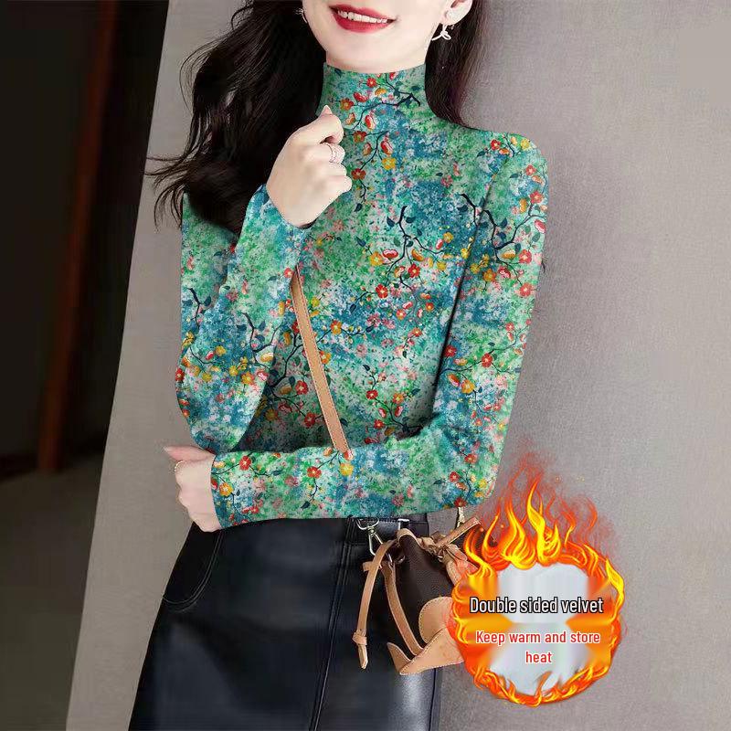 

Stylish Floral High Neck Fleece Base Layer for Mid-Aged and Elderly - Warm Long Sleeve T-shirt for Autumn/Winter XL