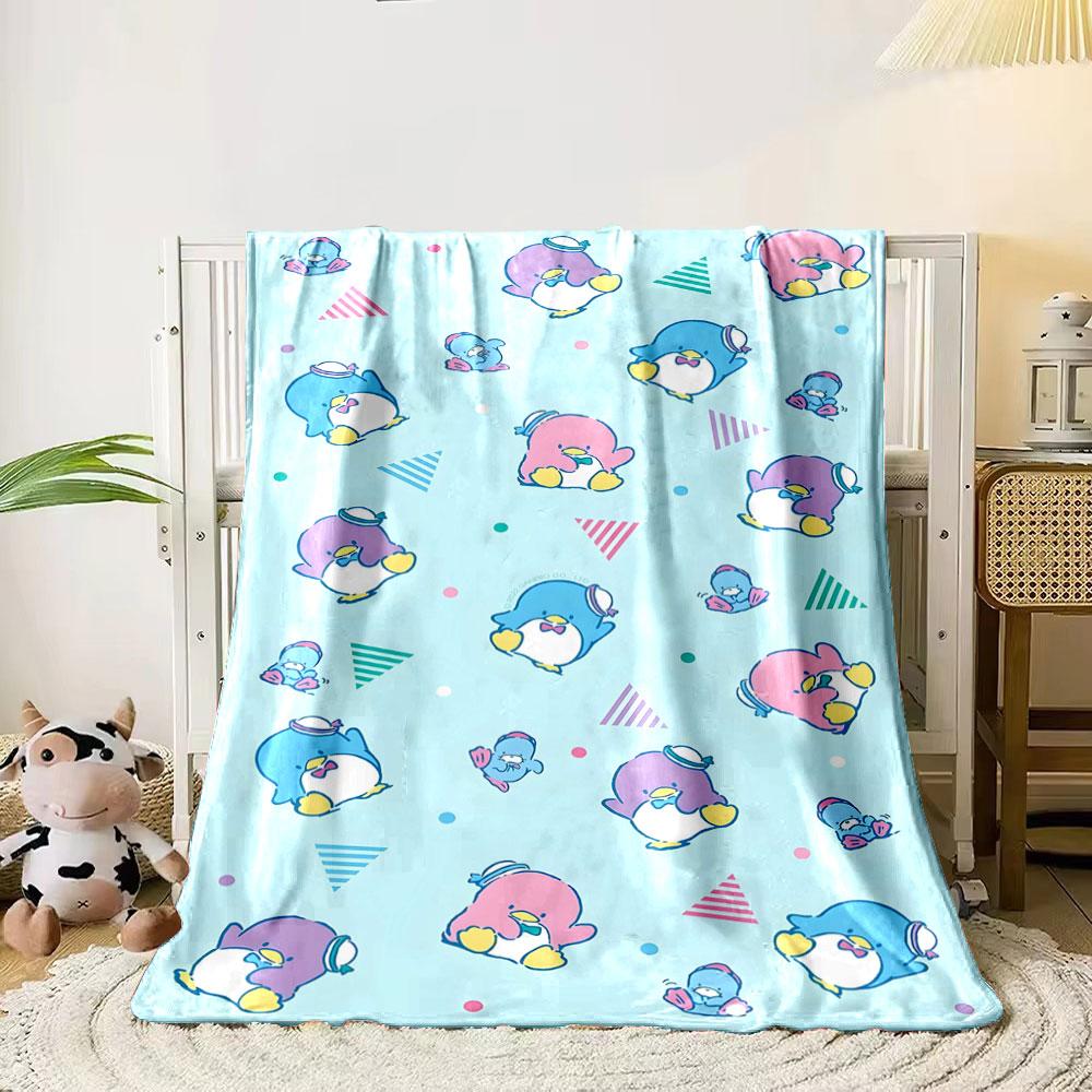 

Playful blue and pink penguins with hats on a light blue background. for all seasons blanket lunch break throw gift 80cm x 120cm