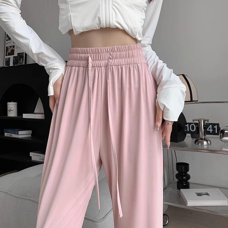 Women's High Waist Pink Ice Silk Sun Protection Flare Pants - Summer 2025 Slimming Casual Trousers