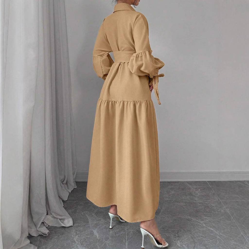 JKASHDK Damenmode Frühling Herbst Einfarbig Druck Langarm Polokragen Hohe Taille Freizeitkleider