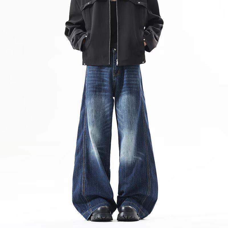 Retro Washed Wide-Leg Jeans: Unisex Dark Blue Whiskered Loose Fit