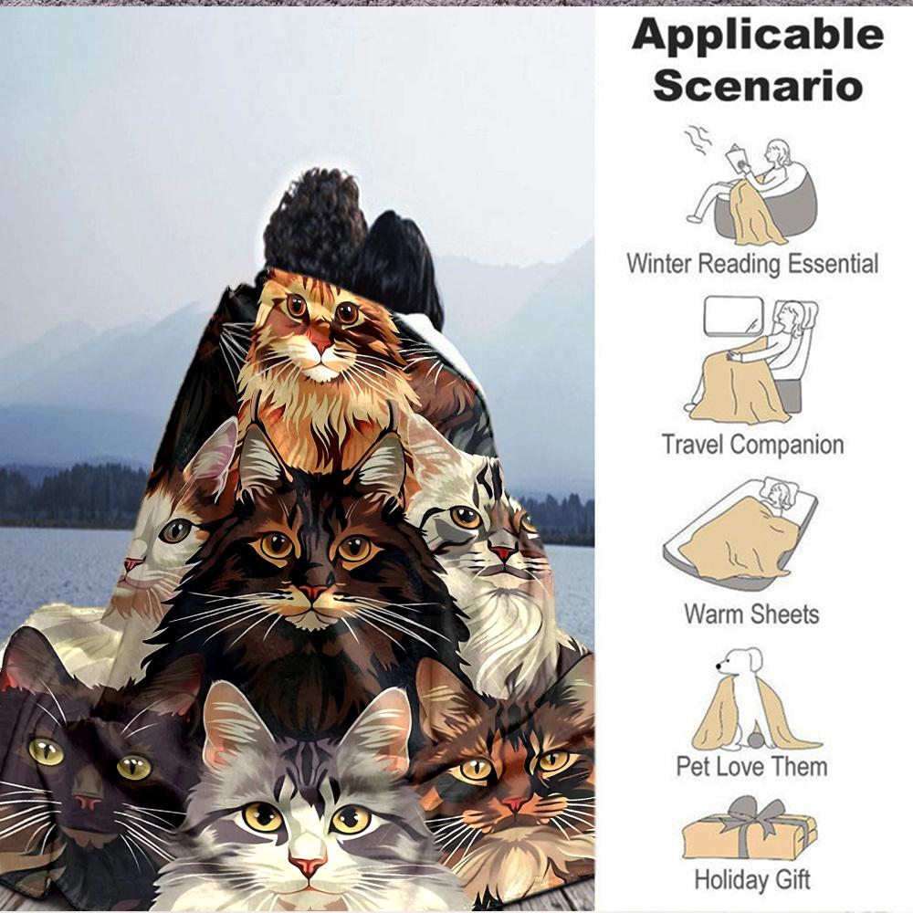 1pc Cat Collection Print Blanket   Lightweight Flannel Throw Blanket For Sofa, Bed, Living Room, Office, Outdoor Travel, Camping