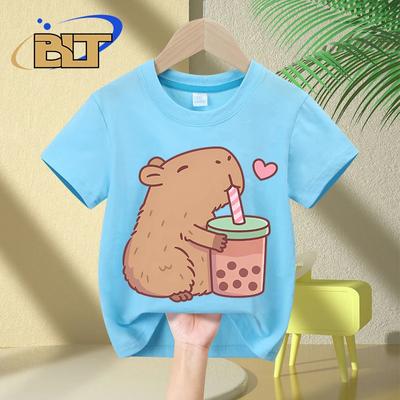 Cute Capybara Loves Bubble Tea Print Kids T-Shirt Summer Children's Pure Cotton Short-sleeved Casual Tops Boys and Girls Gifts