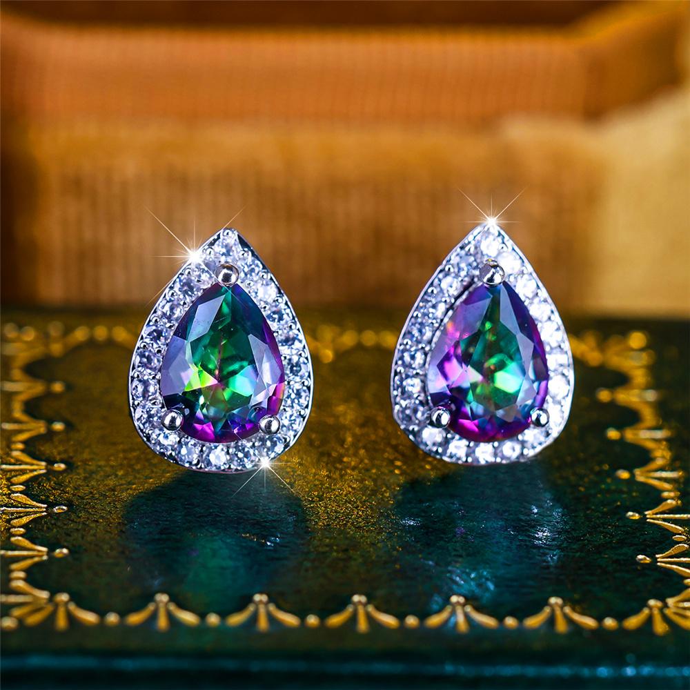 Boho Female Crystal Green Blue Stone Small Silver Color Stud Earrings Vintage Party Wedding For Women