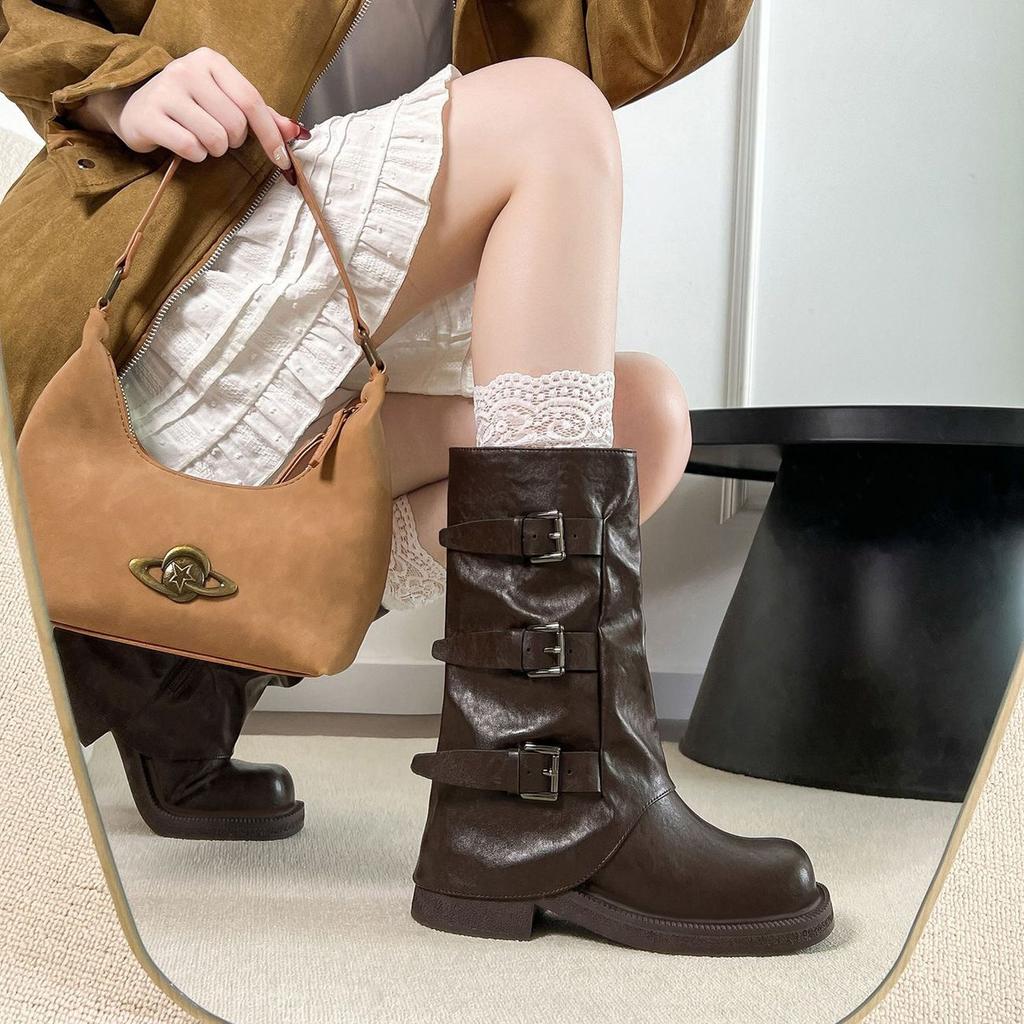 Pants, boots, women's knee fashion boots, belt buckle knight boots, but light luxury, European and American retro folds