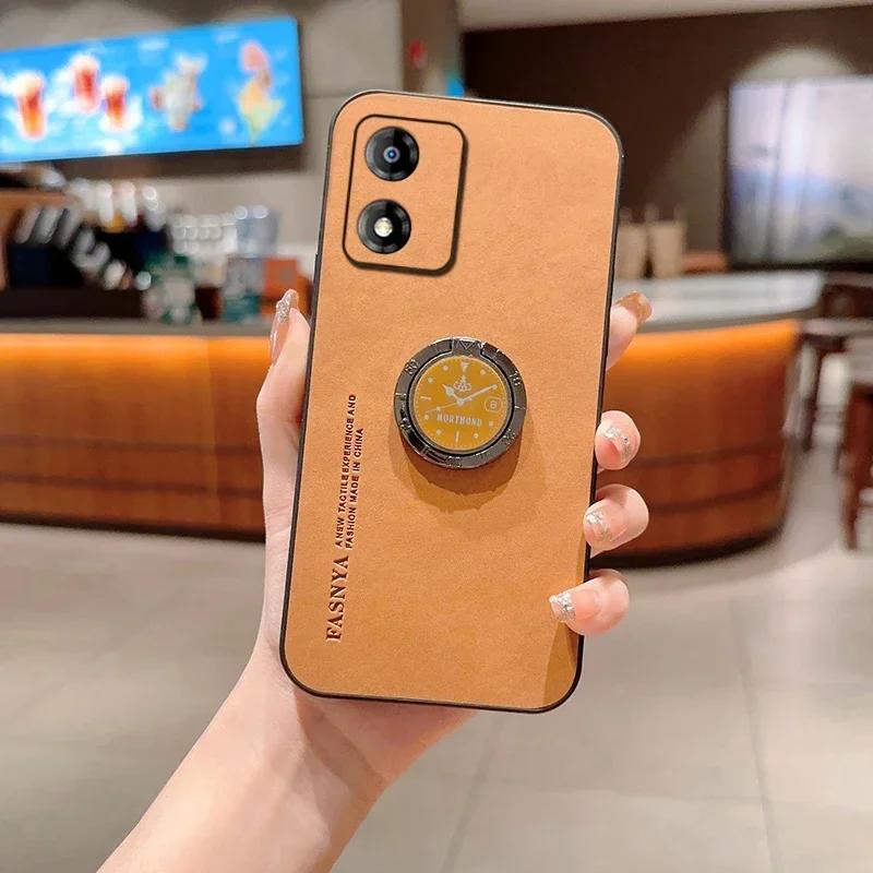 Sheepskin Leather Ring Stand Holder Phone Case For Motorola Moto G85 E13 5G E14 Matte Lens Protection Shockproof Back Cover