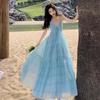 Seaside Vacation Mint Light Green Atmosphere Beach Skirt Design Neck Dress Fairy Temperament Big Swing Skirt