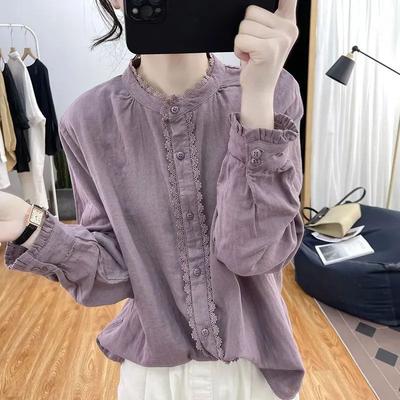 Camisa de Manga Larga de Algodón y Lino para Mujer Tops Retro Cuello Mao Empalme Color Sólido Camisa Básica Chaqueta Holgada