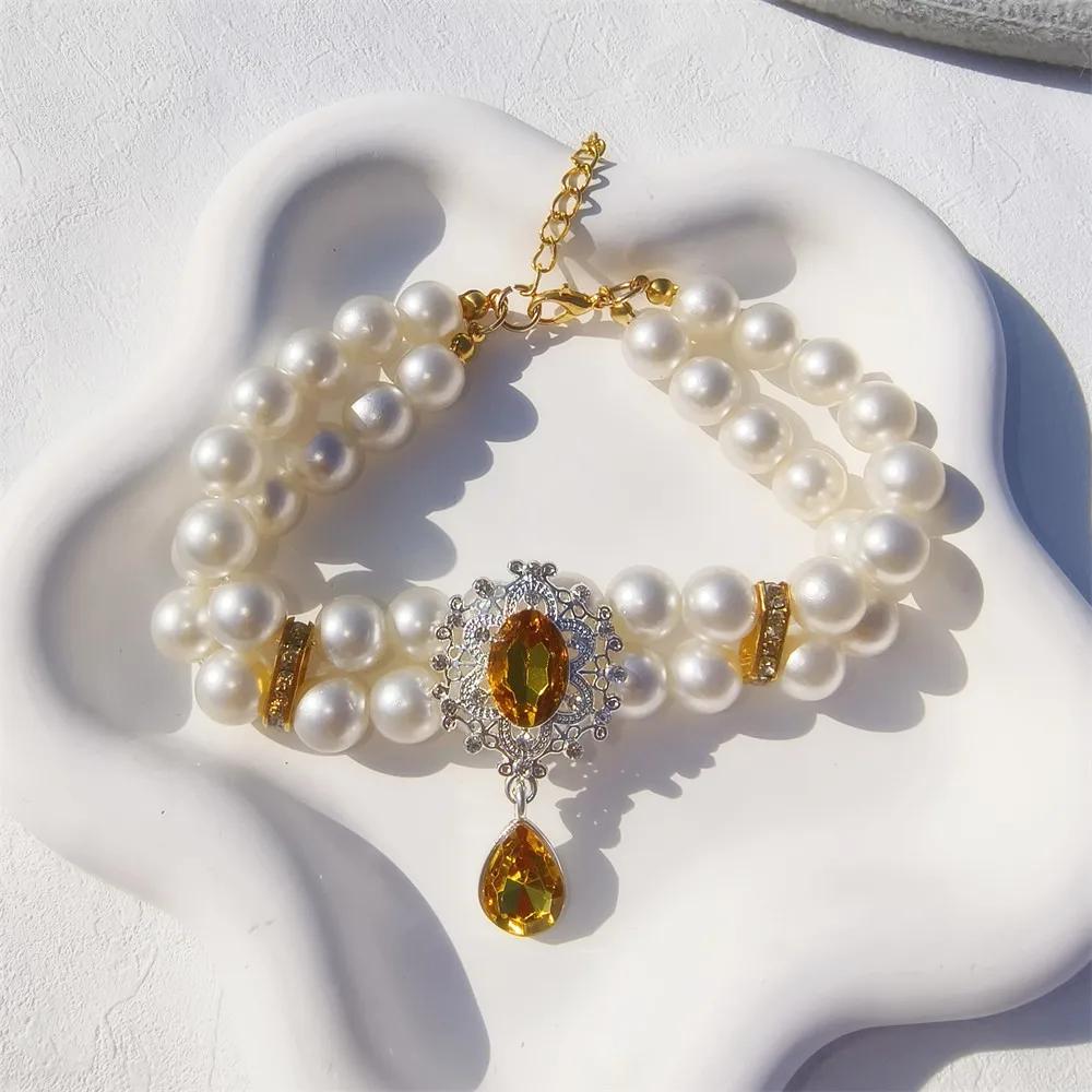 1pc Luxury Double Layer Pearl Pet Necklace with Diamond Pendant Wedding Costume Dog Cat Crystal Jewelry Accessories Pet Supplies