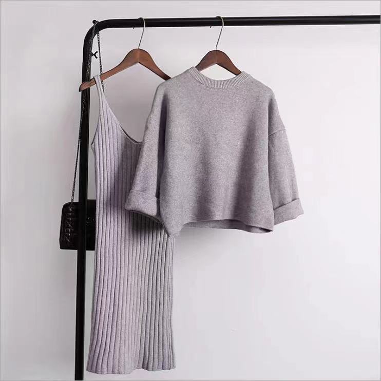 

Свободный комплект из свитера, женская модная юбка из двух частей, весенне-осенний однотонный студенческий пуловер 2023 г. One Size серый