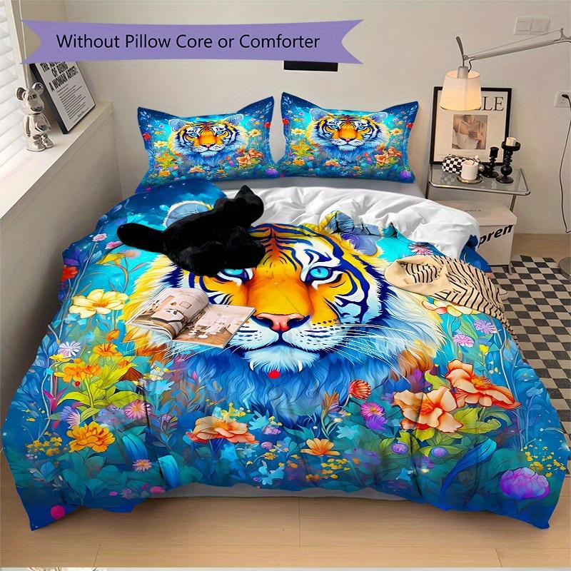 3pcs Tiger Flowers Soft Comfortable Bedding Set, For Bedroom, Guest Room And Dorm, All - Season Use, High-Definition Printing189