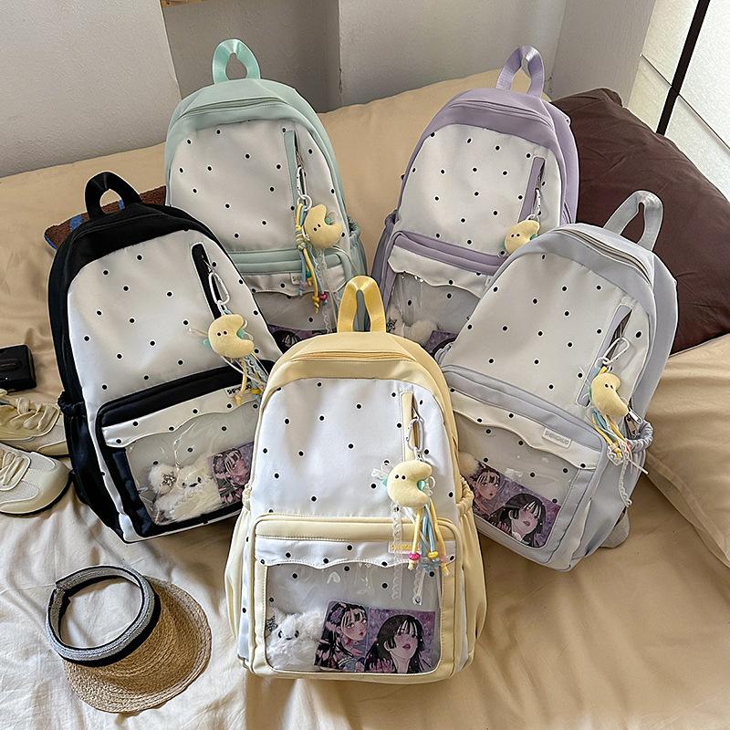 Japanese new high-value, fresh, sweet and cute polka dot backpack, lightweight spring outing backpack for junior high school students