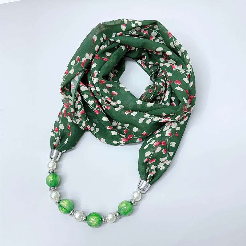 Chic Printed Scarf Necklace with Pearl and Bead Accents – Lightweight Chiffon Infinity Scarf for Women, Fashion Statement Accessory