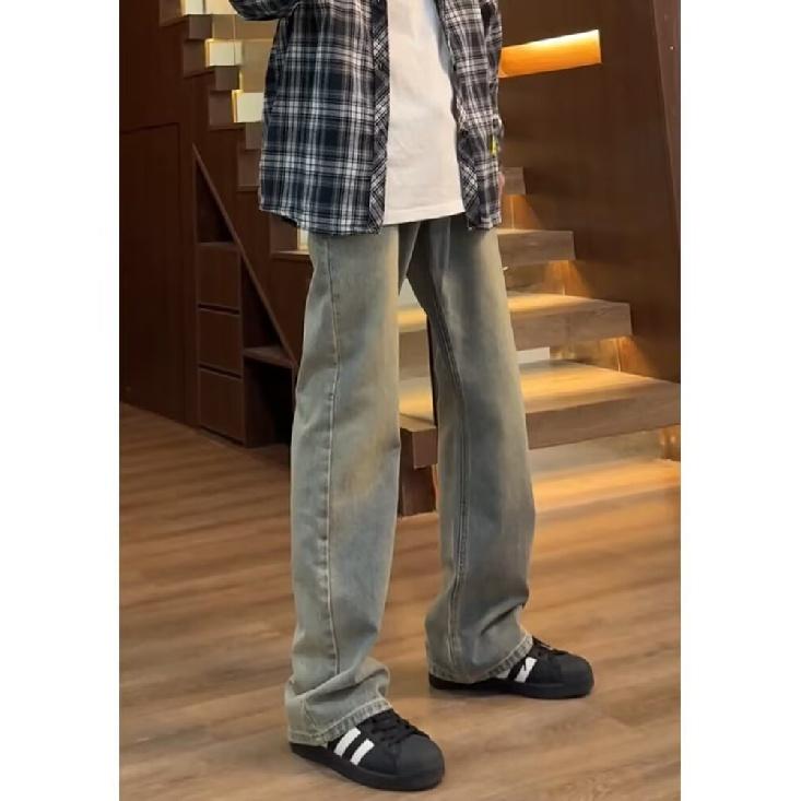 Men'S Retro Washed Vintage Wide Leg Jeans, Men'S Loose Straight Leg Casual Versatile Vibe Hanging Long Pants