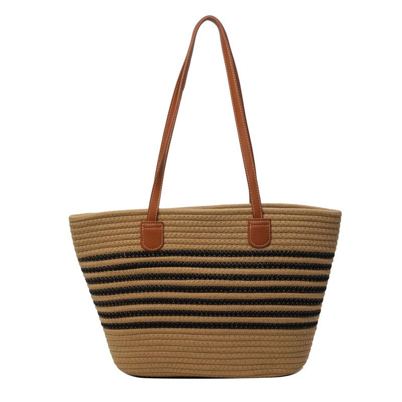 Fashion Cotton Rope Woven Handbag Large Capacity Striped Versatile Vacation Beach Bag Women Straw Casual Shoulder Bag