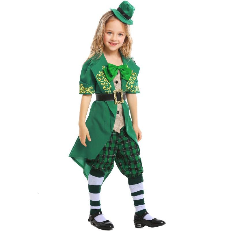 Green Fairy Costume Kids Halloween St. Patricks Day Performance Outfit Short Sleeve Dance