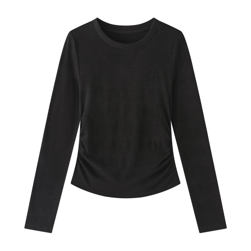 La Chapelle Women's Long-Sleeve Slim-Fit Ruched Crewneck T-Shirt