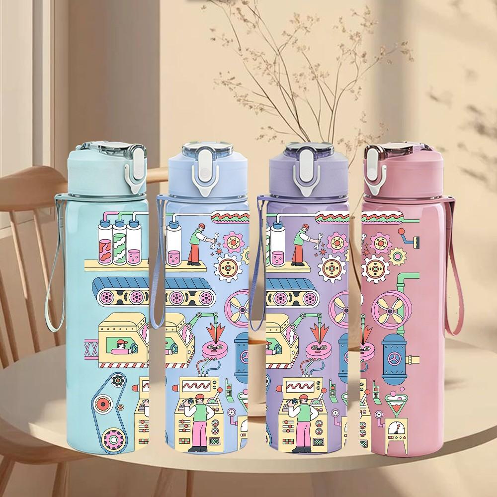1PC Doodle Sticker Collage Cartoon Pattern 750ml Color Plastic Sports Water Bottle Leakproof Flip Straw Lid Suitable for Sports Office Home Use