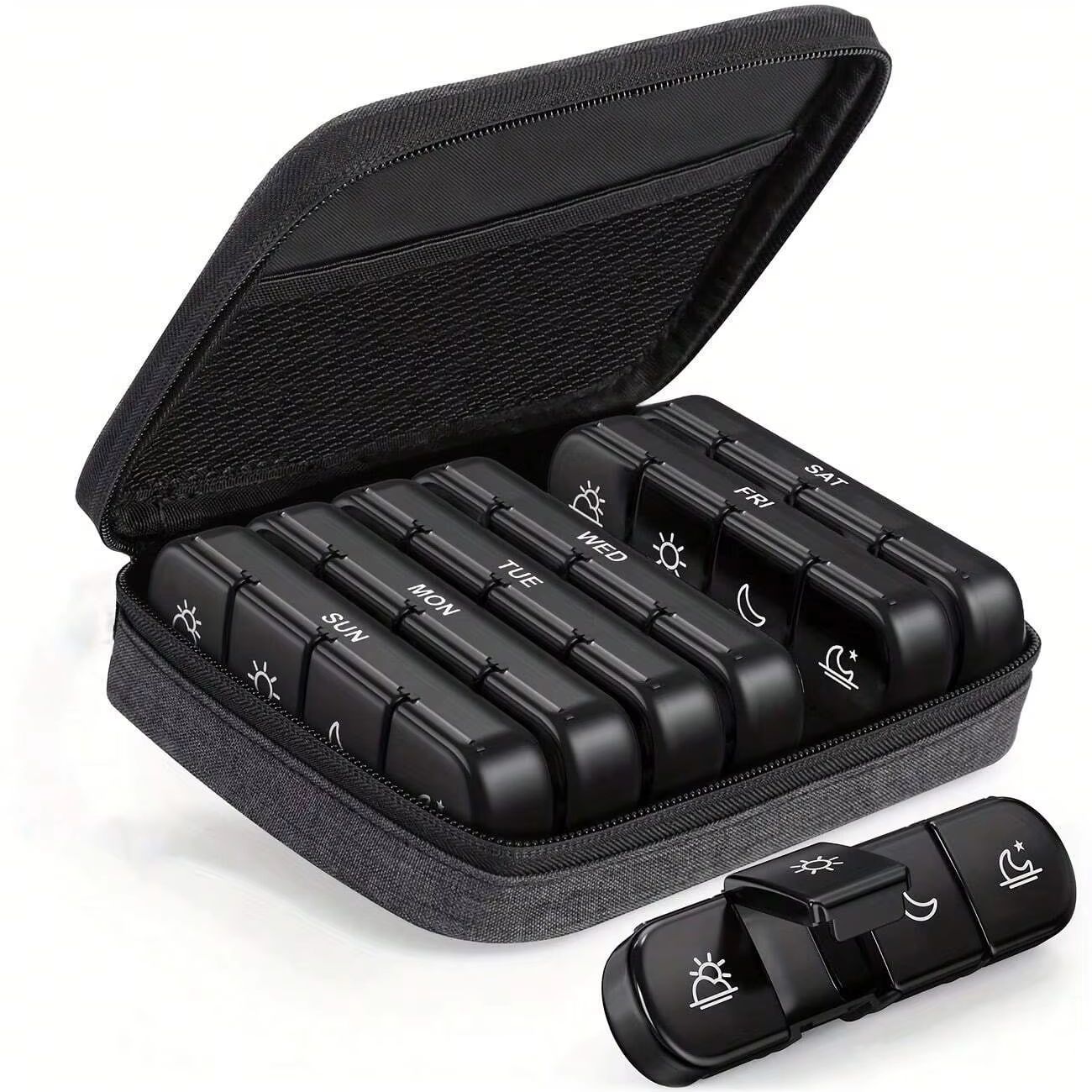 

Weekly Pill Organizer 4 Times a Day with a Business Stylish Bag, Portable Pill Box 7 Day with 28 Compartments for Men чёрный