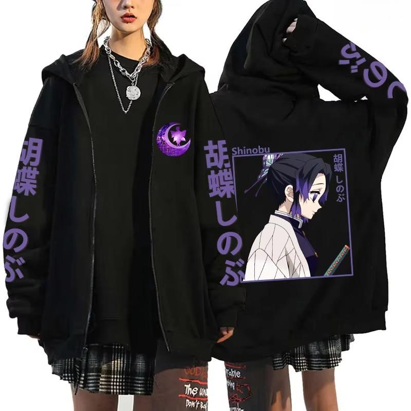 Demon Slayer Anime Kochou Shinobu Printed Zipper Hoodie Autumn Winter Men's and Women's Casual Loose Sweater Top