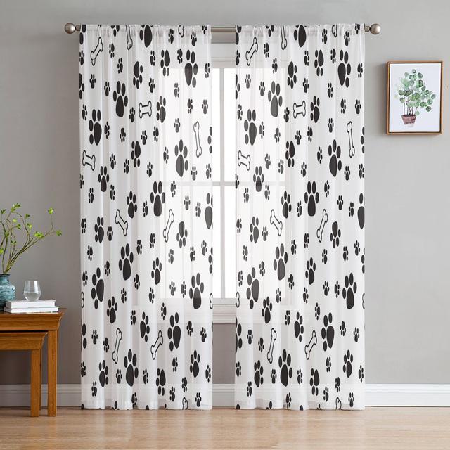 Cartoon Pet Paw Footprint Tulle Curtains For Living Room Bedroom Decoration Chiffon Sheer Voile Kitchen Window Curtain Drapes